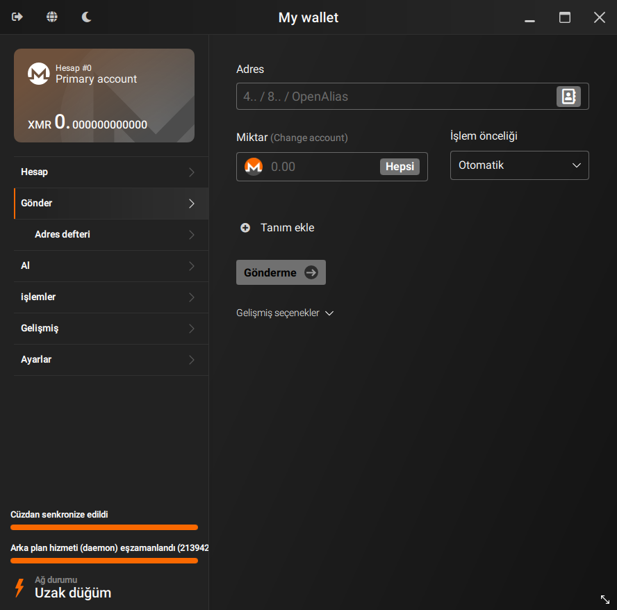 A screenshot of the Monero GUI wallet. It shows the wallet's balance and a navigation menu on the left, and a form for sending XMR on the right.